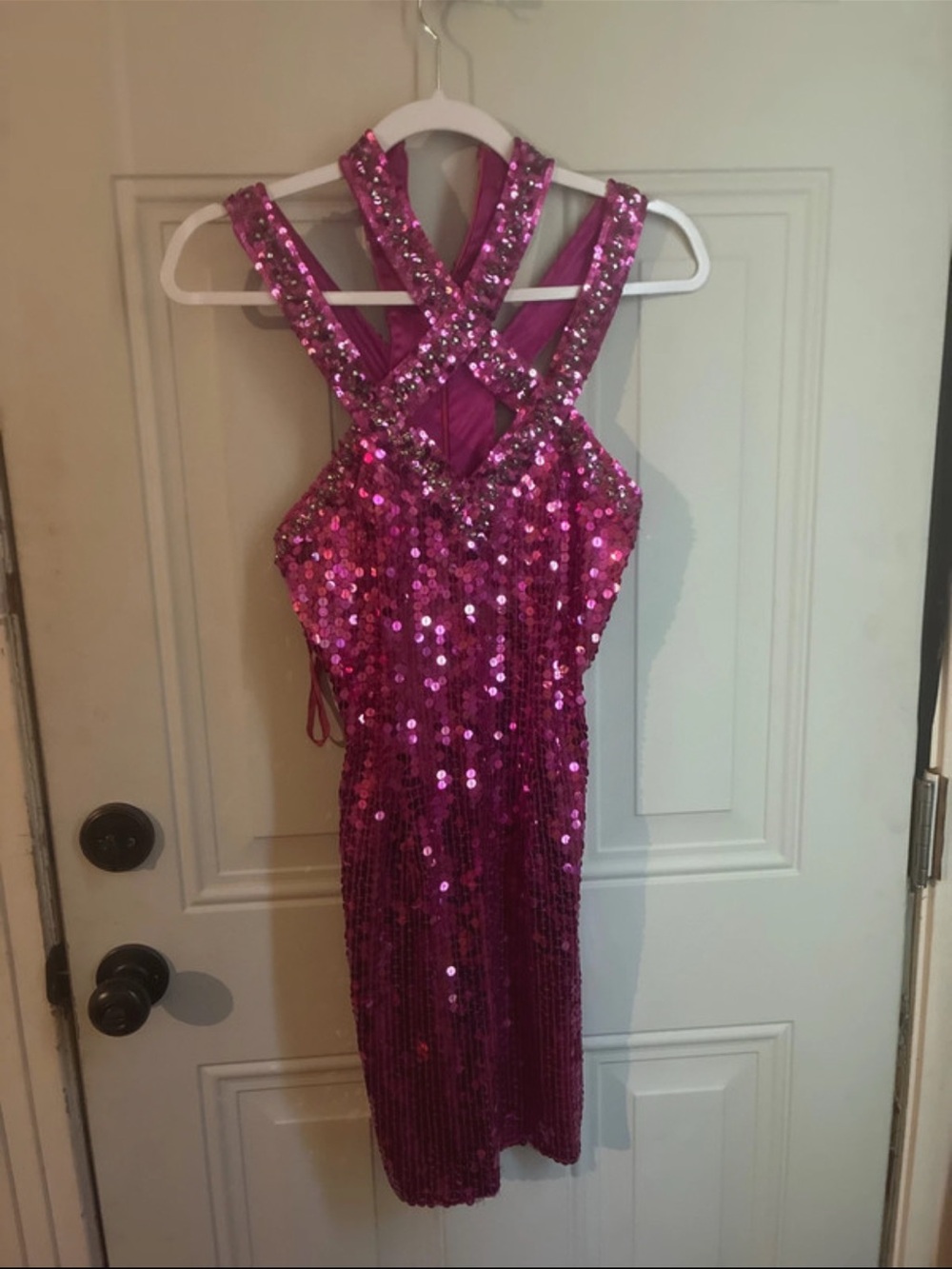 Fuchsia Sequin Cross-Back Prom Dress